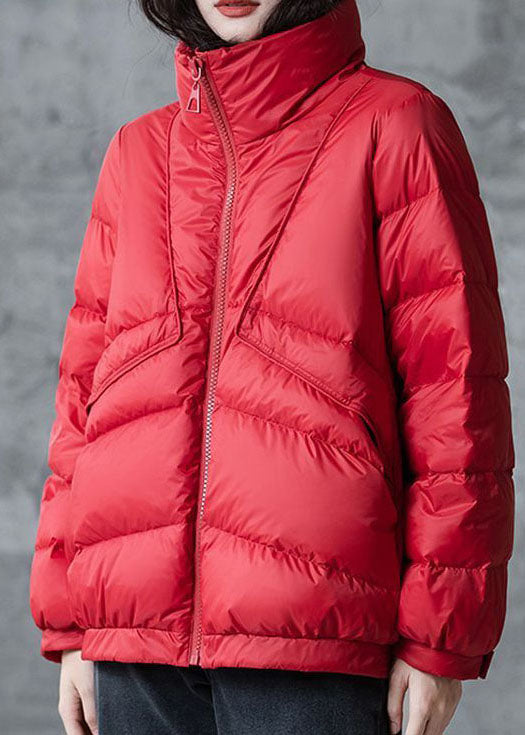 Red Loose cotton blend Puffers Jackets Stand Collar Zip Up Winter