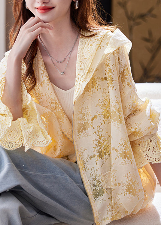 Fashion Yellow Zip Up Lace Hoodie Coat Batwing Sleeve