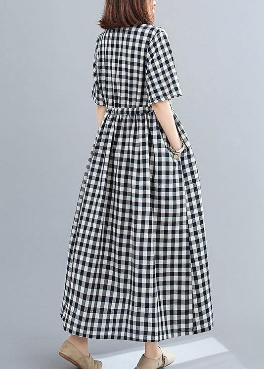 Organic v neck drawstring cotton clothes For Women Tutorials black Large plaid Dress