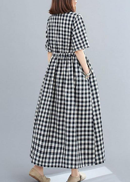 Organic v neck drawstring cotton clothes For Women Tutorials black Large plaid Dress