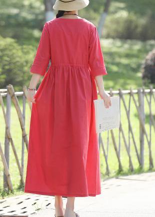 Elegant red linen cotton dresses Indian pattern v neck Three Quarter sleeve Love Summer Dress