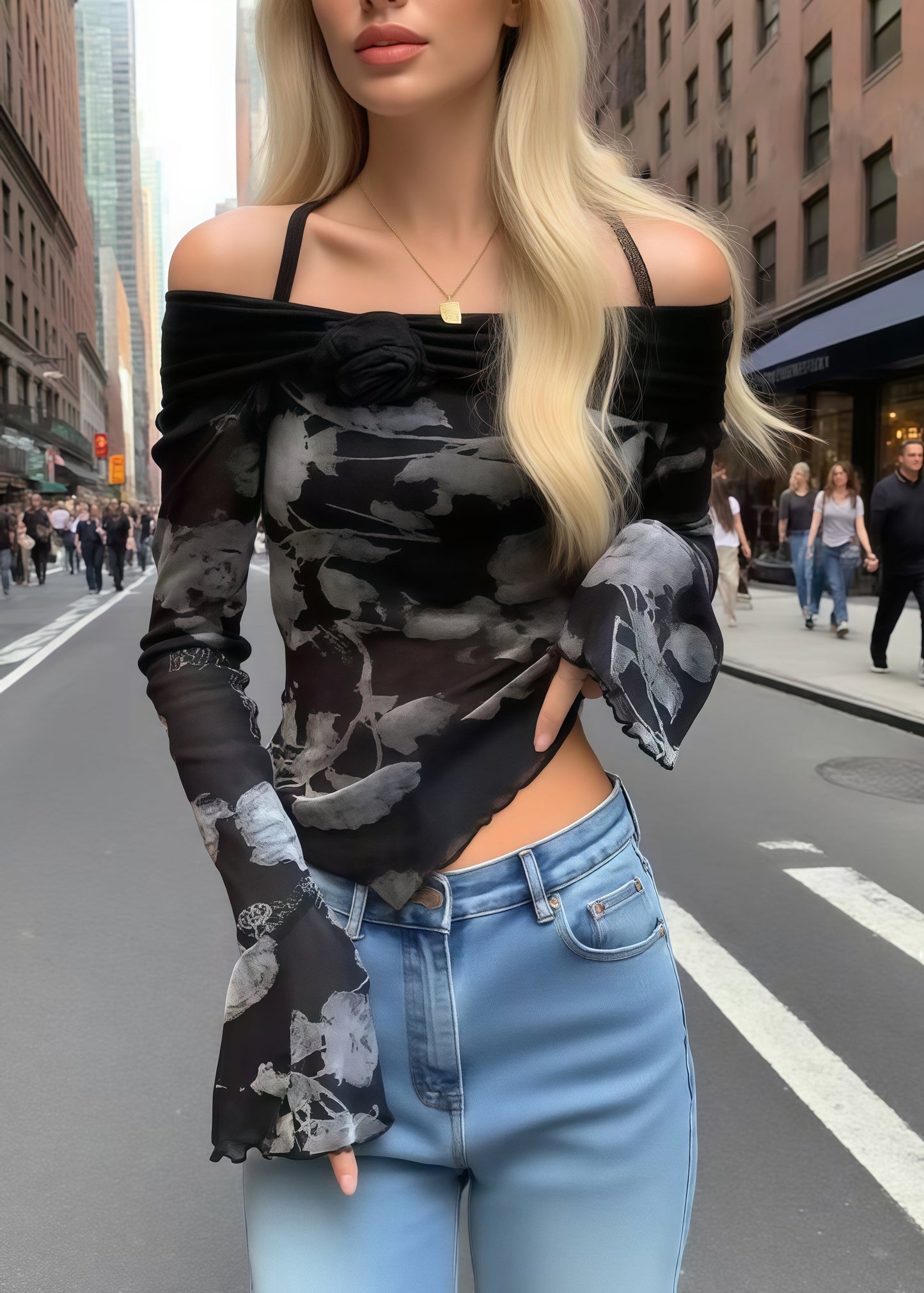 Women Black Print Flower Decorated Cold Shoulder Tops Summer