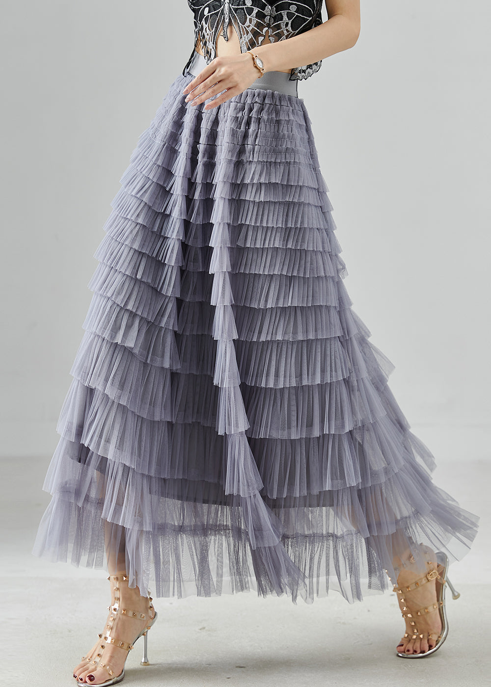 Bohemian Grey Elastic Waist Layered Tulle Skirts Summer