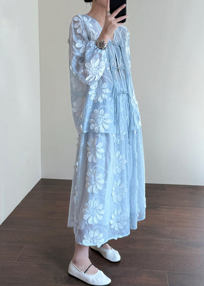 Floral Blue Chinese Button Shirts And Skirts Silk Two-Piece Set Fall