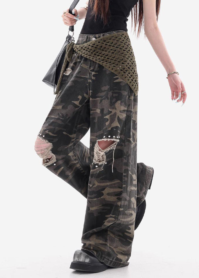 Vintage Camouflage Hole Pockets Patchwork Denim Pants Fall
