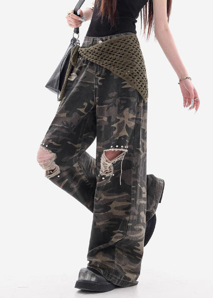 Vintage Camouflage Hole Pockets Patchwork Denim Pants Fall