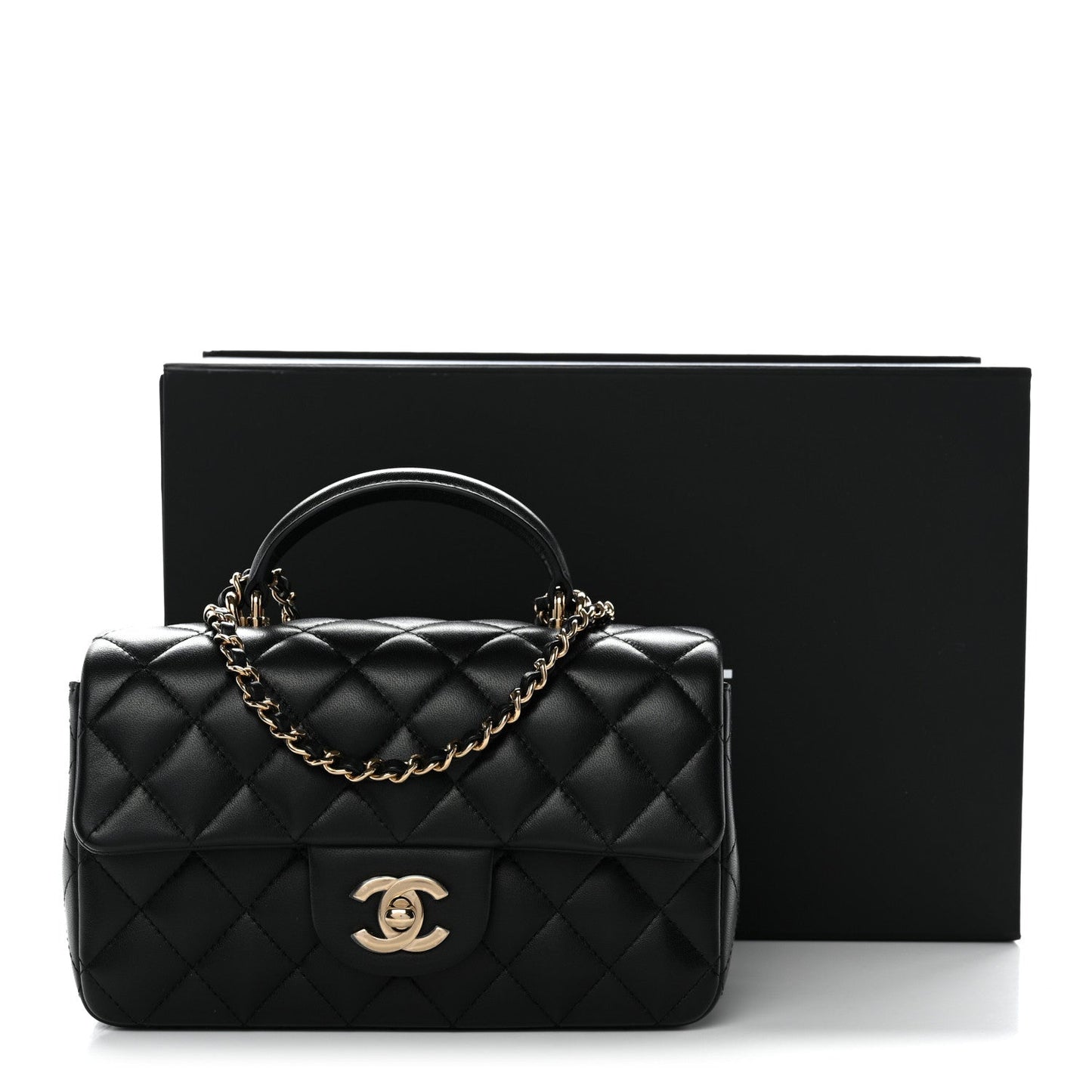 Lambskin Quilted Mini Top Handle Rectangular Flap Black