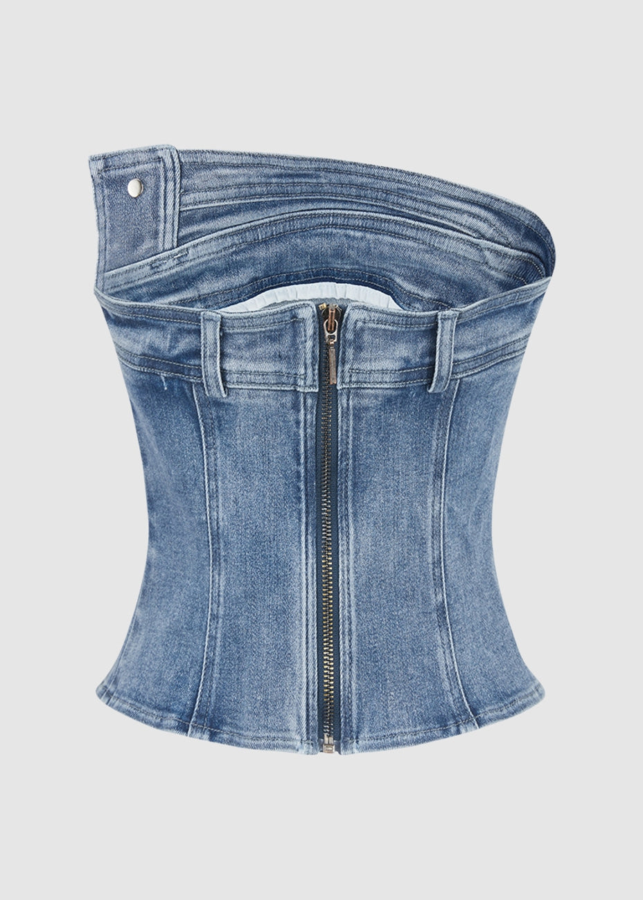 Sexy Blue Patchwork Cold Shoulder Denim Top Sleeveless