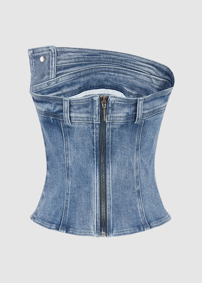 Sexy Blue Patchwork Cold Shoulder Denim Top Sleeveless