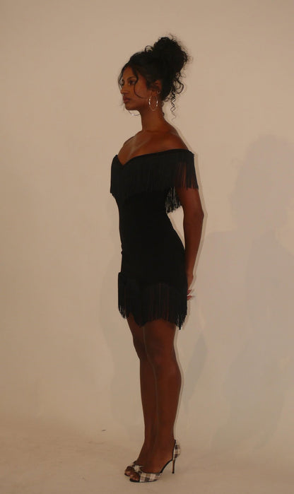 Off-Shoulder Double Fringe Bodycon Dress | Western Retro Sexy Mini Dress