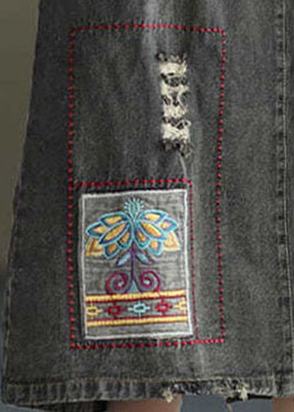 Fashion Black Side Open Embroideried Pockets Cotton Denim Ripped Skirt Cozy