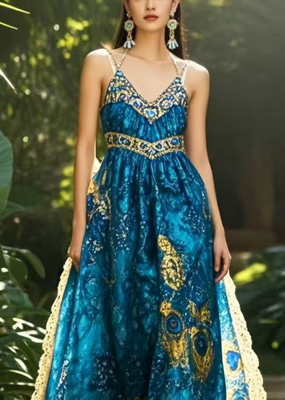 Chic Navy Print Exra Large Hem Chiffon Holiday Dress Summer
