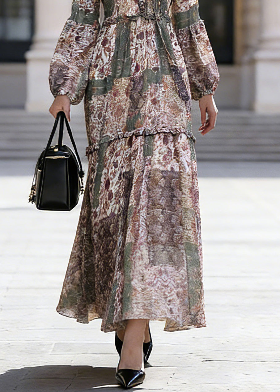 Bohemian Green Ruffled Patchwork Chiffon Vacation Maxi Dresses Spring