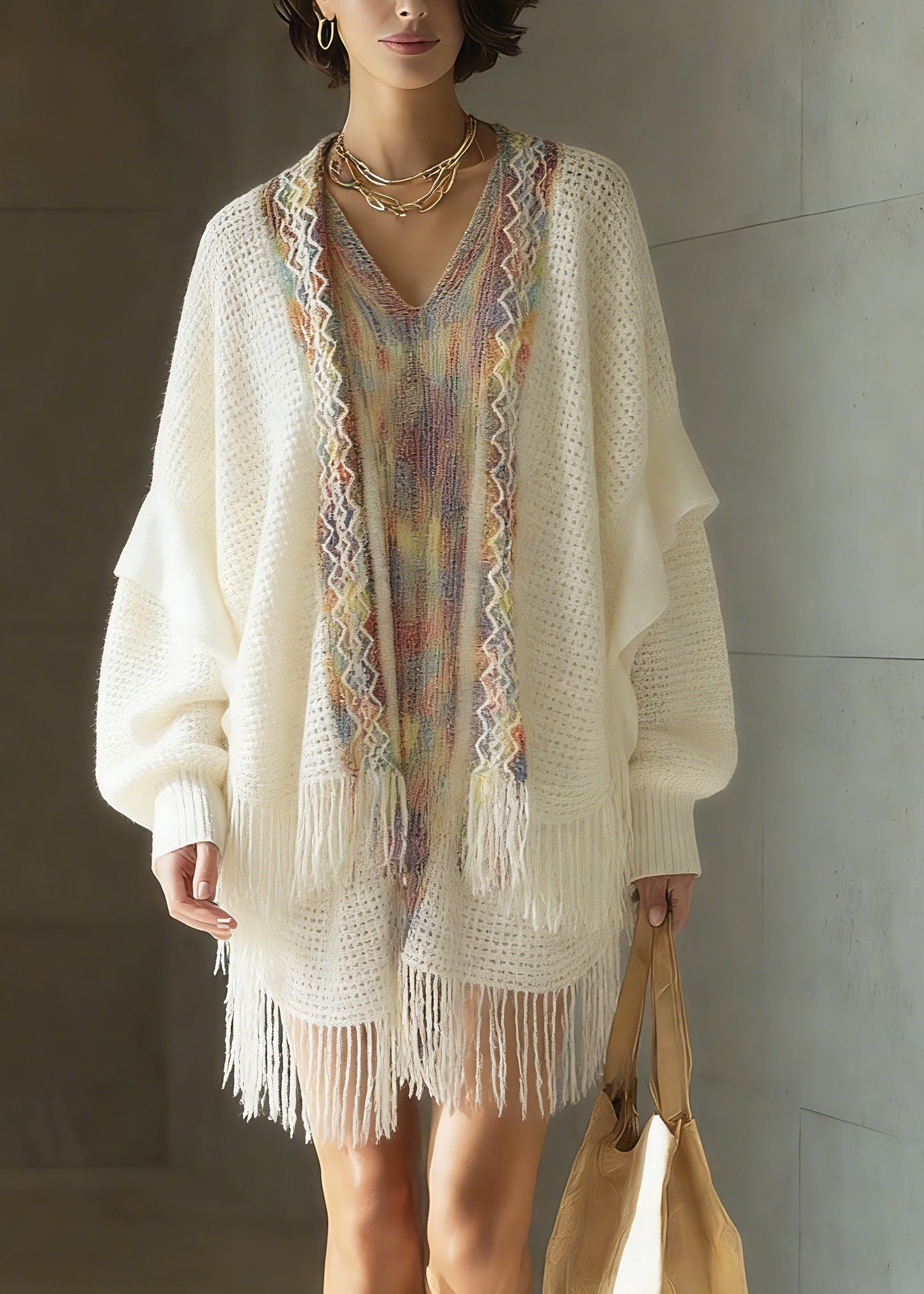 Bohemian White Print Patchwork Tassel Knit Cardigan Spring