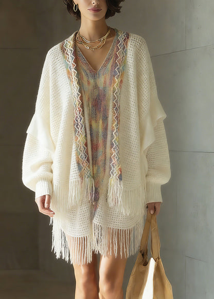 Bohemian White Print Patchwork Tassel Knit Cardigan Spring