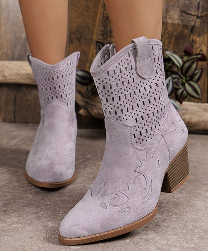 Vintage Green Hollow Out Zippered Suede Chunky Boots