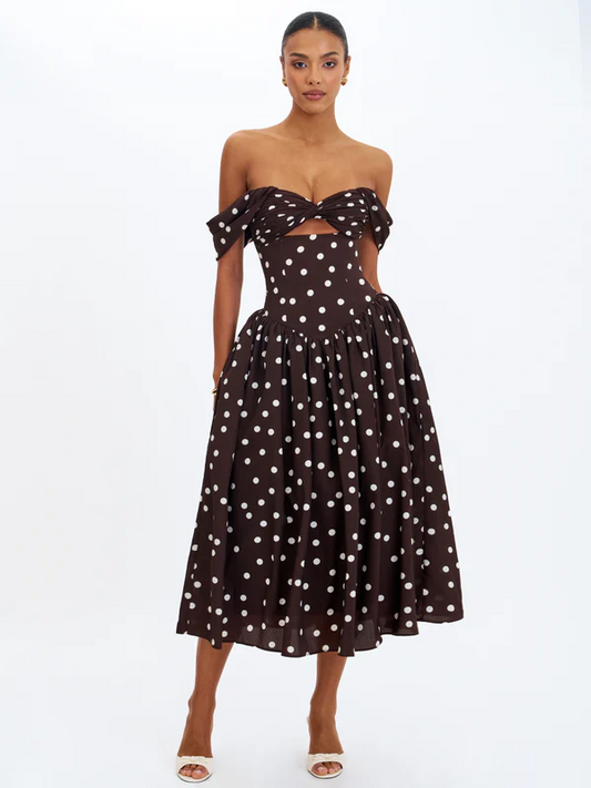 French Vintage Brown Polka Dot Off Shoulder Twist Cutout Flare Midi Dress | Waist-Cinching Slimming Elegant Tea Dress