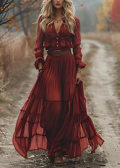 Fashion Red V Neck Wrinkled Patchwork Cotton Maxi Dresses Long Sleeve