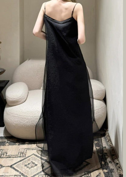 Simple Black Cold Shoulder Solid Tulle Spaghetti Strap Dress Sleeveless