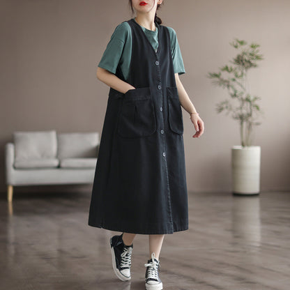 Mid Length Sleeveless Large Pocket V-Neck Plus Size Dress