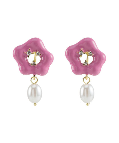 Cute Pink Alloy Floral Pearl Drip Glaze Drop Earrings