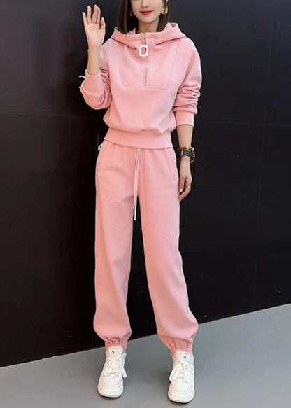New Pink Hooded Zippered Tops And Beam Pants Cotton Two Pieces Set Spring