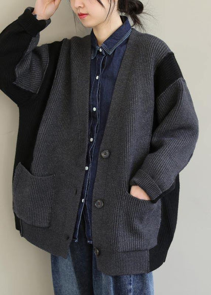 For  Gray Knitted Pullover V Neck Button Downfall Fashion  Knit Ssweat Tops