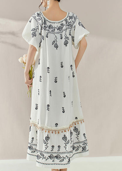 Brief White Embroidered Ruffled Patchwork Tassel Long Dress Summer
