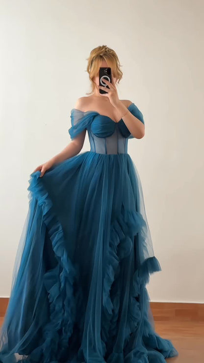 Sexy off-the-Shoulder Tube Top Mesh Solid Color Evening Dress