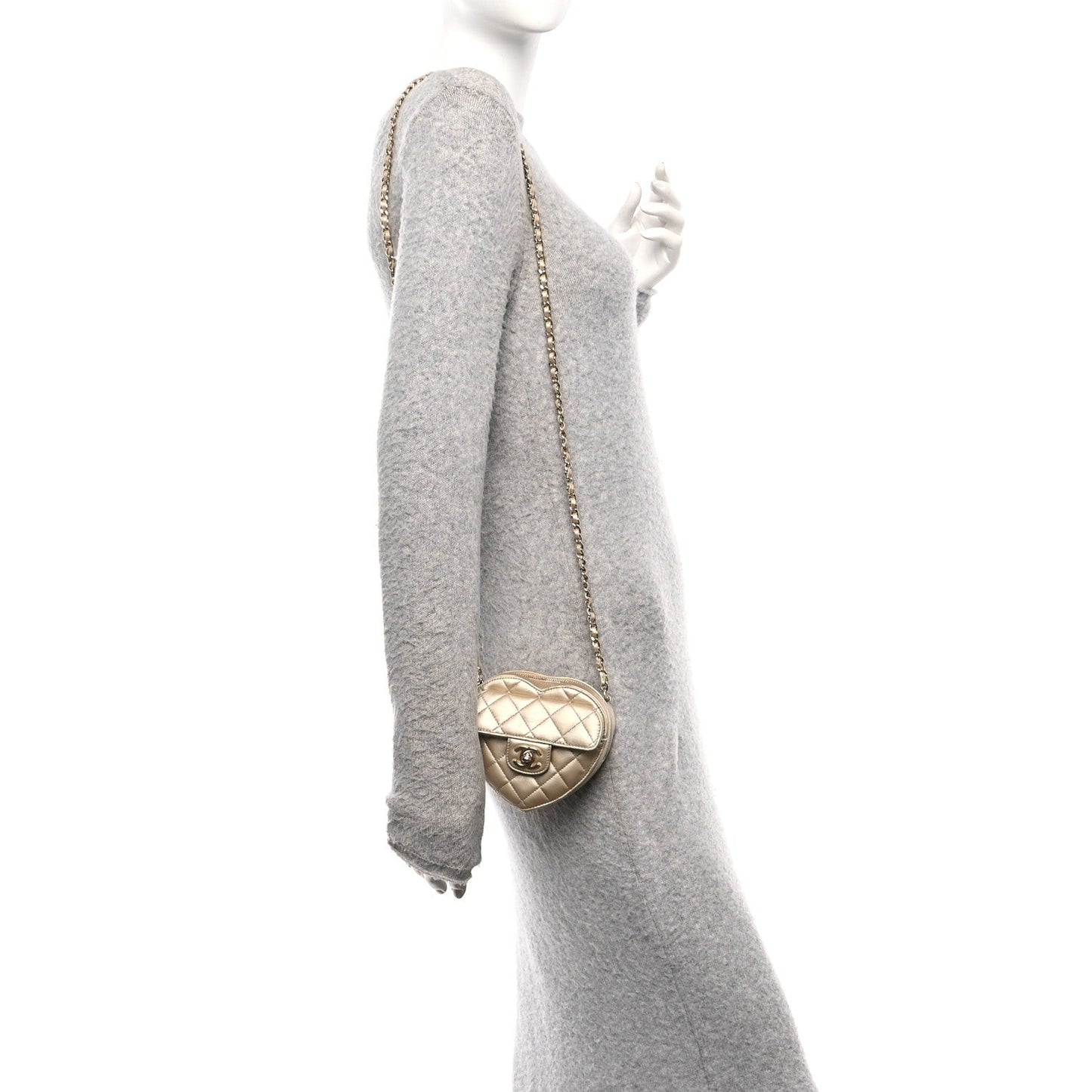 Metallic Lambskin Quilted CC In Love Heart Clutch With Chain Gold