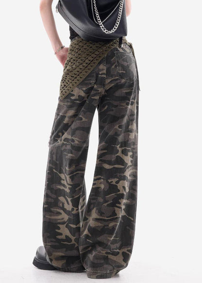 Vintage Camouflage Hole Pockets Patchwork Denim Pants Fall