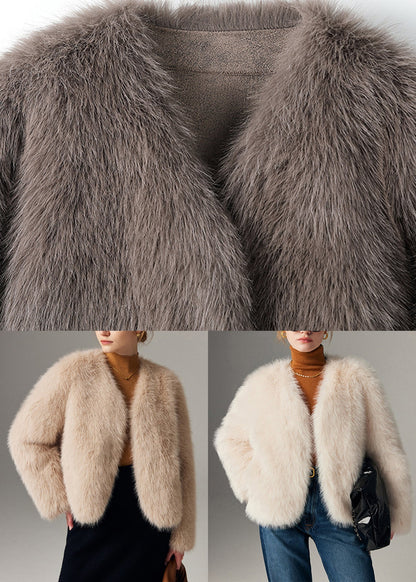 White Solid Cozy Leather And Fur Coats Long Sleeve