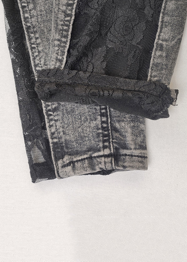 Vintage Grey Lace Patchwork Denim Crop Pants Summer