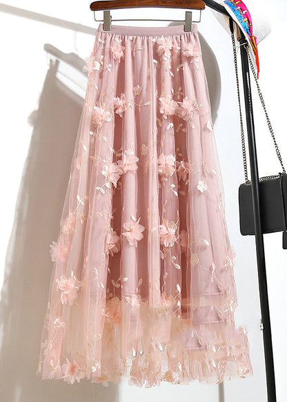 Pink Elastic Waist Tulle A Line Skirts Summer