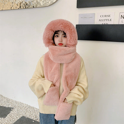 Women Winter Solid Plush Scarf Warm Hat