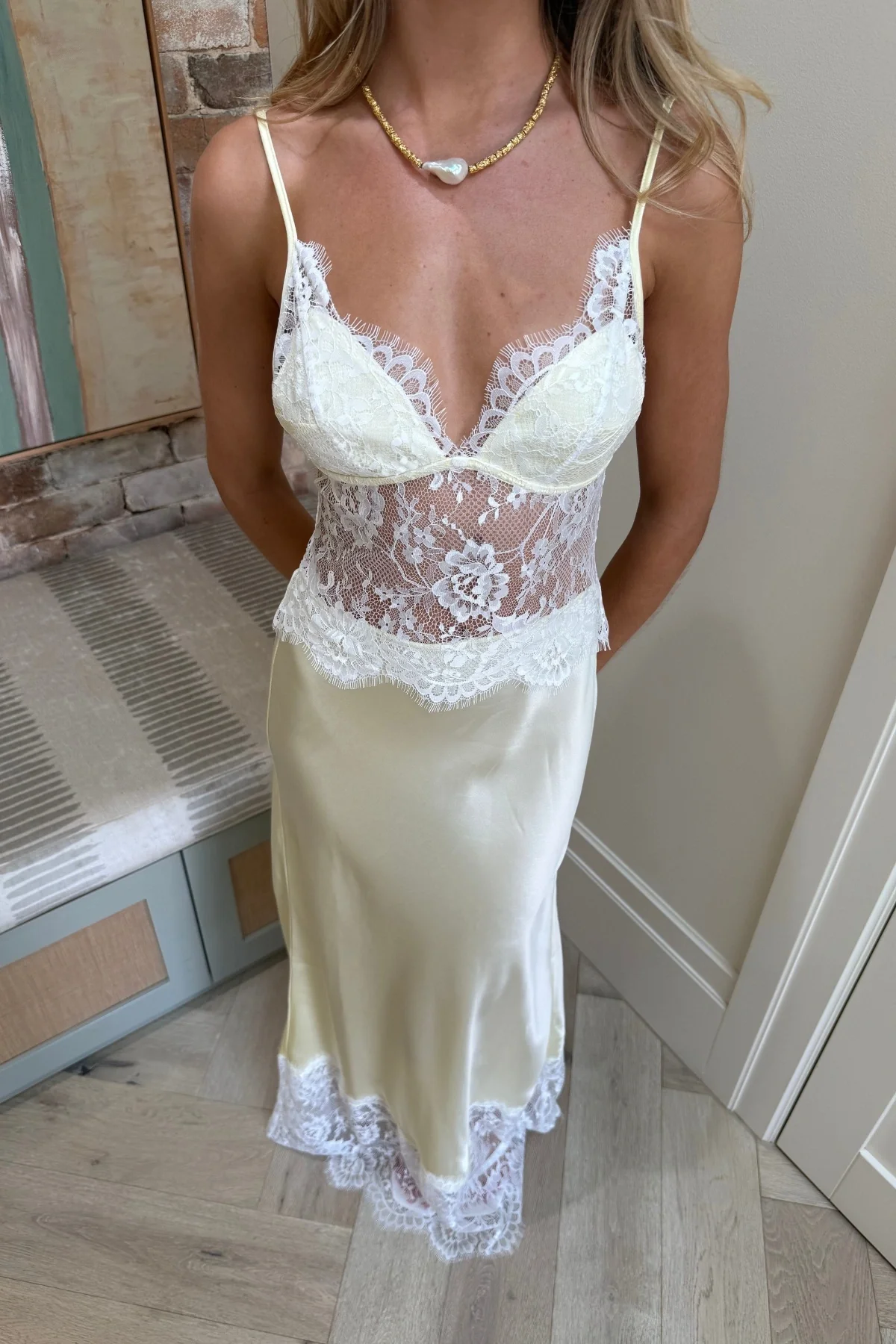 French Style Cream Lace Spliced Satin Camisole Maxi Dress