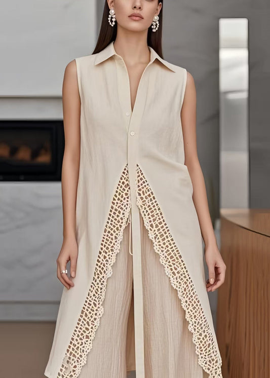 Boho Apricot Side Open Patchwork Lace Long Vests Sleeveless