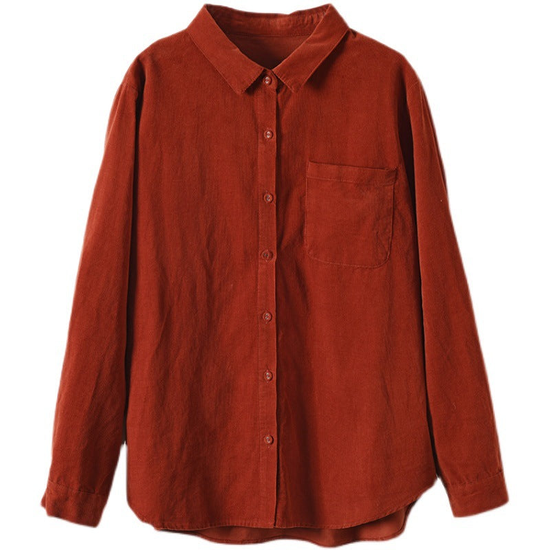Women Spring Artsy Button Pocket Corduroy Solid T-shirt