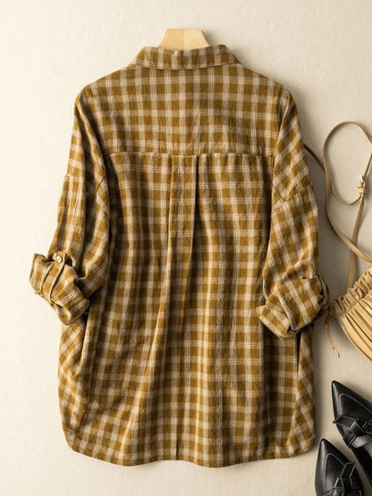 Natural Fabric Classic Plaid Style Casual Loose Shirt