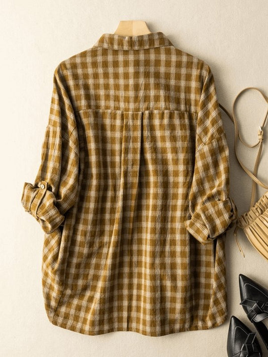 Natural Fabric Classic Plaid Style Casual Loose Shirt