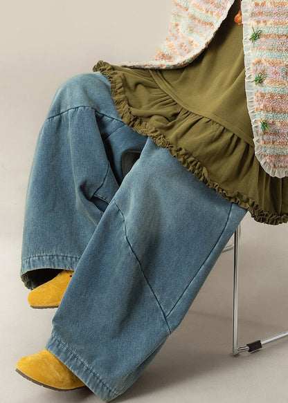 Casual Blue Pockets Denim Wide Leg Jeans