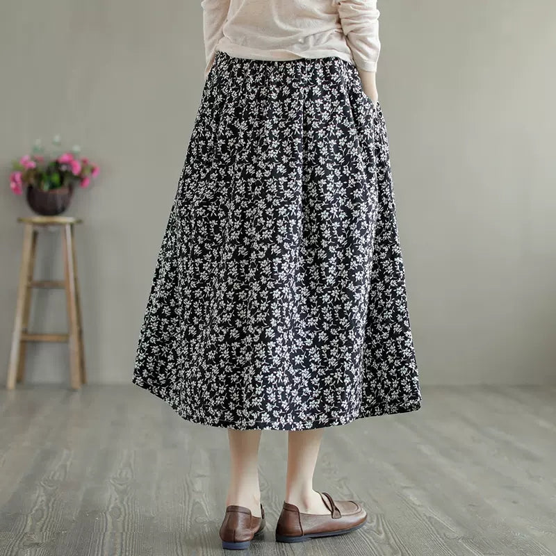 Women Cozy Retro Black Floral Cotton A-Line Skirt