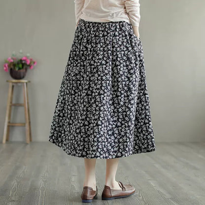 Women Cozy Retro Black Floral Cotton A-Line Skirt