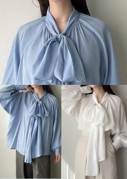 Women Blue Bow Oversized Silk Tops Lantern Sleeve