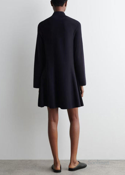 Plus Size Black Stand Collar Knit Day A Line Dress Fall