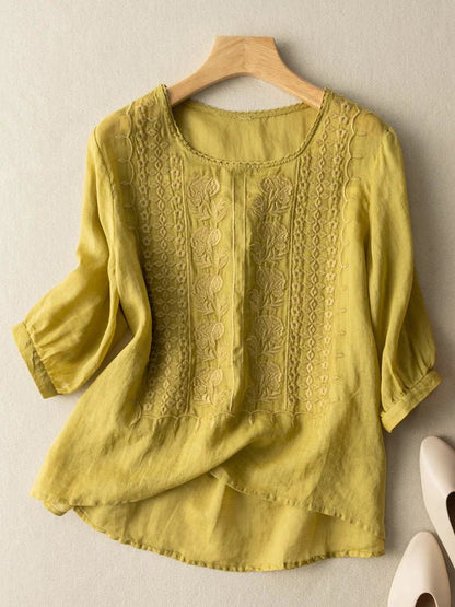 Embroidered Round Neck Half Sleeve Casual Linen Tee Top