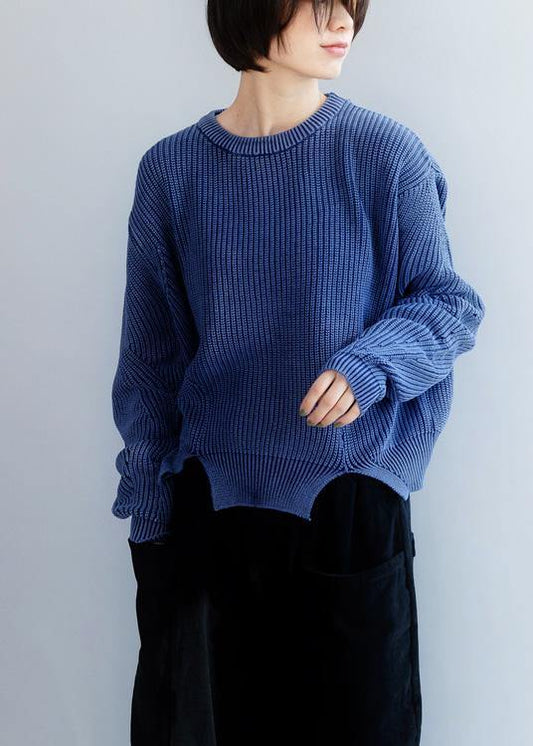Oversized blue knit blouse open hem Loose fitting knit tops