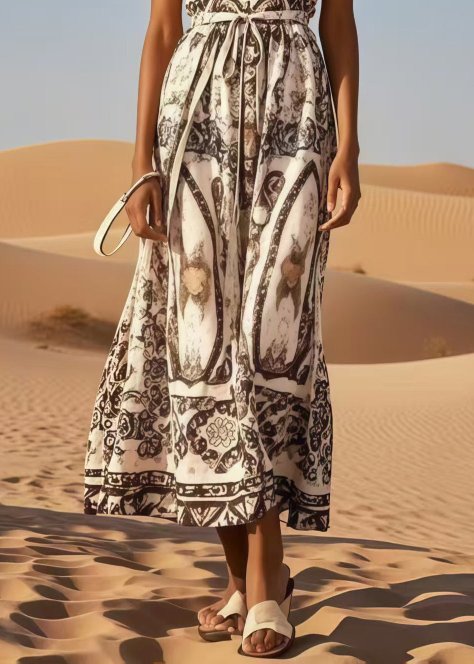 Fashion Brown Tie Waist Print Cotton Long Dress Summer