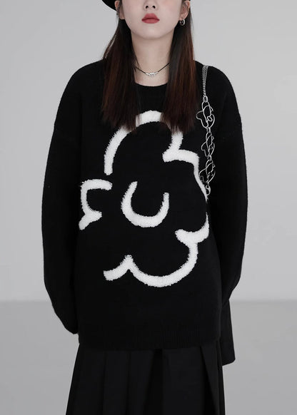 Loose Black O-Neck Floral Cozy Knit Sweaters Winter