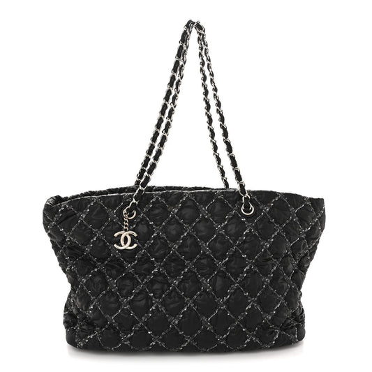 Nylon Quilted Tweed Stitch Bubble Tote Black
